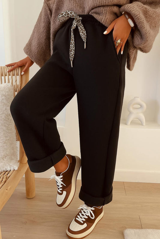 Black Fleece Leopard Drawstring Pants