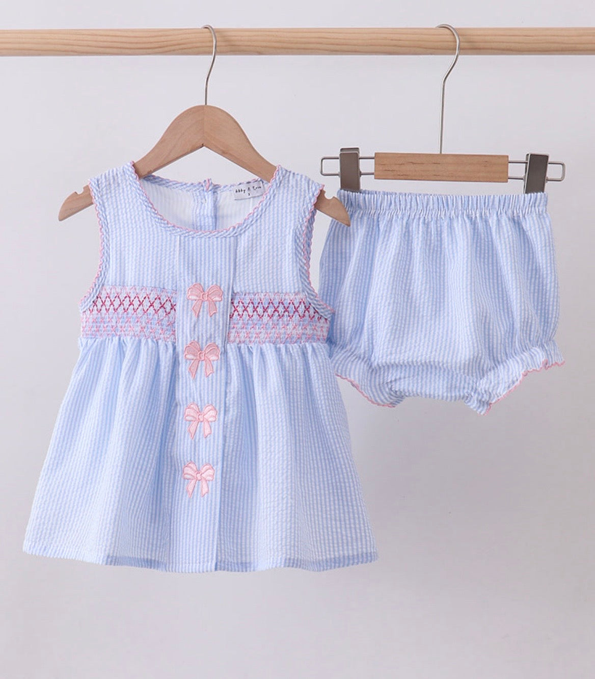 Blue Seersucker Bow Smocked Set