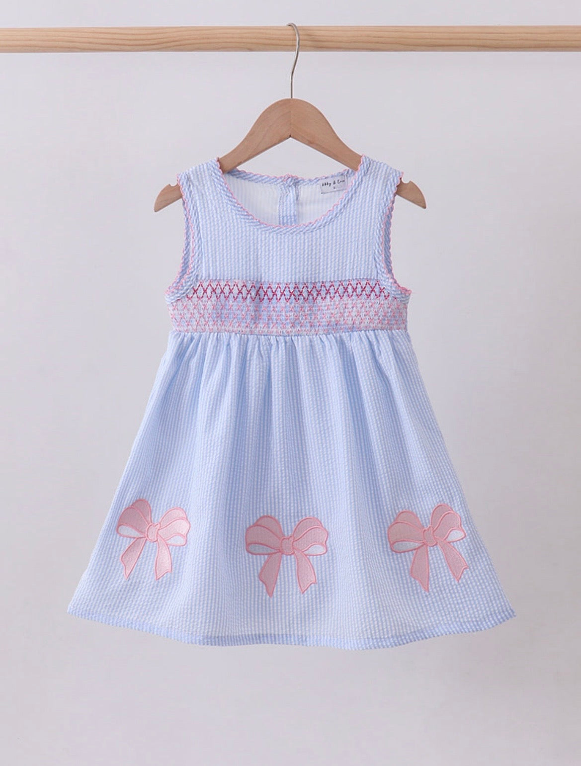 Blue Seersucker Bow Smocked Dress