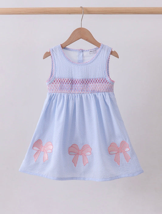 Blue Seersucker Bow Smocked Dress